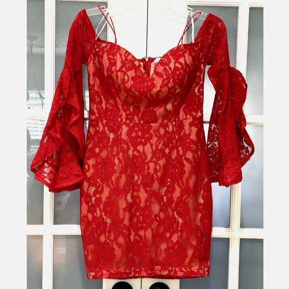 a'gaci Scarlet Lace Bell Sleeve Mini Dress - Picture 1 of 14